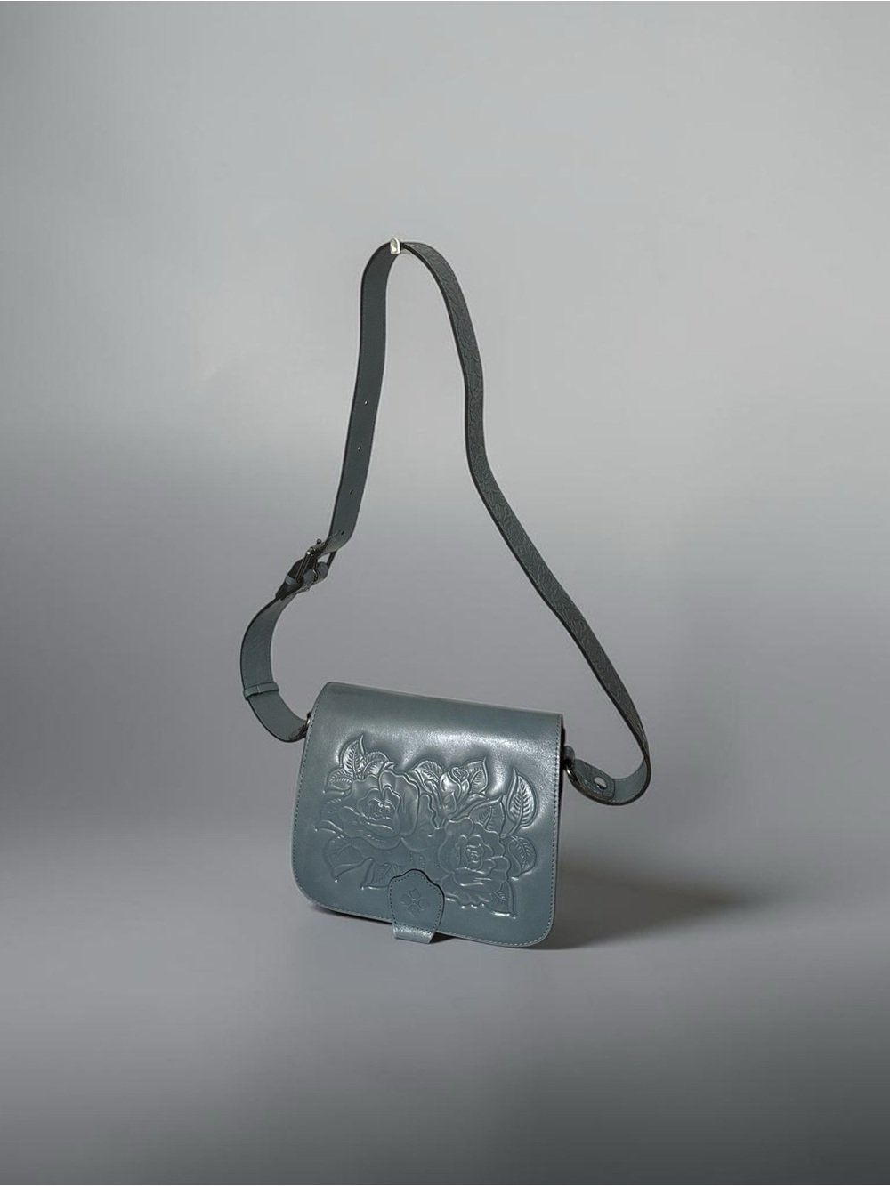 Patricia Nash Ilina Rose Tooled Leather Crossbody Bag Flap Blue Purse